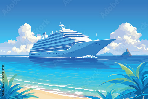 View from the shore of a tropical lake to the sea and a huge cruise liner sailing along the coast, sea voyage, bright sunny day, ocean, beach, vector illustration