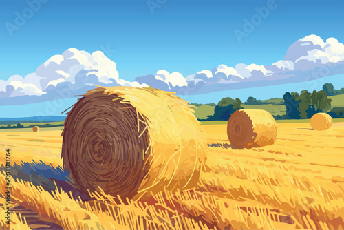 View of a field on a summer sunny day with haystacks twisted into round bales, agricultural background, wheat harvesting, hay, field, forest, vector illustration