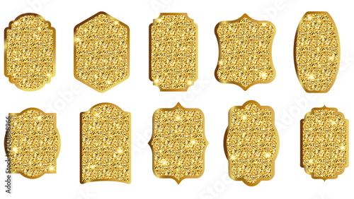 Gold glitter frames set, sparkling golden luxury badges and labels with metallic borders, elegant shiny sequin stickers isolated on transparent background