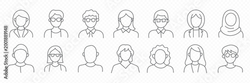Set of professional user avatar icons featuring various occupations and characters in thin line art style for web interface