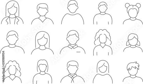 Set of professional user avatar icons featuring various occupations and characters in thin line art style for web interface