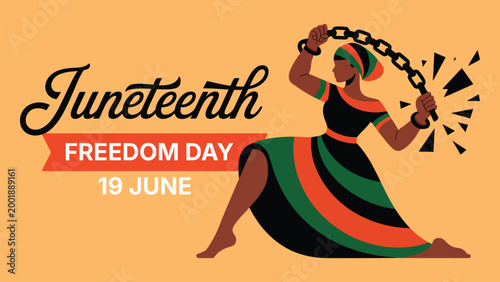 Juneteenth freedom day illustration with breaking chains and African American woman, emancipation celebration concept, equality liberation and heritage theme