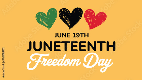 Juneteenth freedom day illustration with colorful heart symbols and typography, African American history celebration concept, equality love and unity theme
