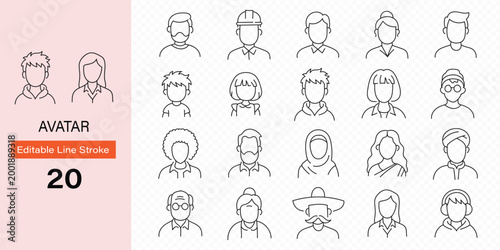 People Avatar Line Editable Icons set. Vector illustration in modern thin line style of people portraits of different ages and nationalities in a minimalist style. Isolated on white background.