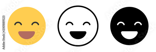 顔アイコンセット 優しい笑顔のフェイスシンボル カラー・アウトライン・シルエットのUI用ベクター素材 / Smiling face icon set gentle happy emoji in color outline and silhouette UI vector
