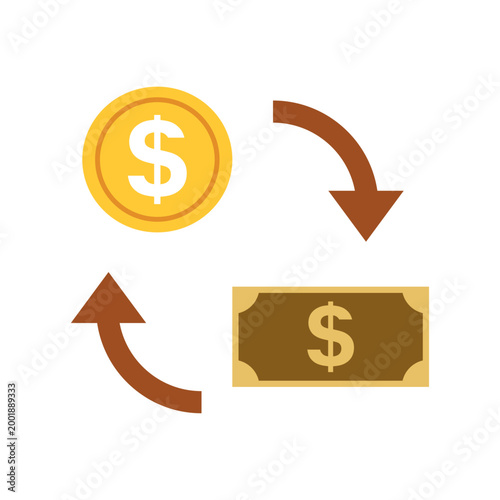 お金の流れアイコン 金貨と紙幣の循環シンボル 支払い・決済・ビジネスフローを表すフラットベクター素材 / Money flow icon gold coin and banknote cycle symbol finance payment process flat vector