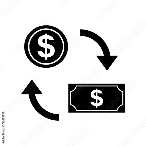 お金の流れアイコン モノクロのコインと紙幣の循環シンボル 決済・取引・ビジネスフロー用ベクター素材 / Money flow icon monochrome coin and banknote cycle symbol payment transaction business vector
