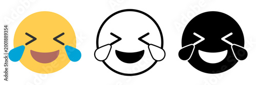 顔アイコンセット 涙を流して笑うフェイスシンボル カラー・アウトライン・シルエットのUI用ベクター素材 / Laughing with tears face icon set emoji in color outline and silhouette UI vector
