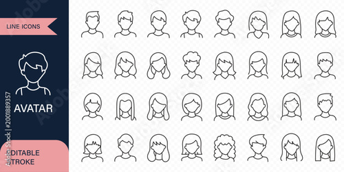 People Avatar Line Editable Icons set. Vector illustration in modern thin line style of people portraits of different ages and nationalities in a minimalist style. Isolated on white background.