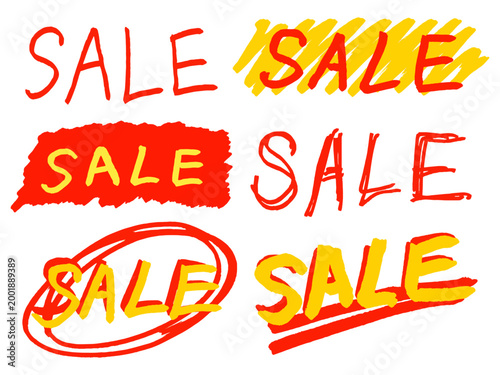 SALE手書きロゴセット 赤黄色の強調文字デザイン 下線・囲み・ブラシ表現の販促用透過ベクター素材 / Hand drawn SALE text set red yellow highlight lettering with underline circle brush style isolated promotion vector