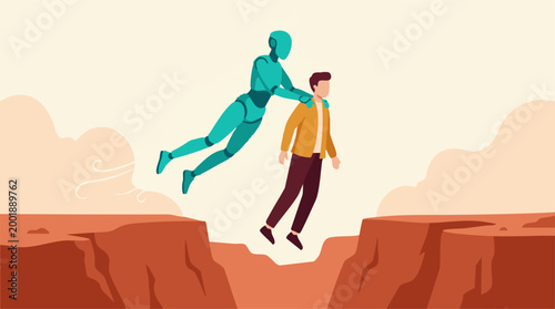 Fotografie AI robot assists man across a chasm, symbolizing technological progress