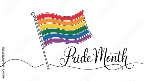 Pride month illustration with rainbow flag and elegant typography, LGBTQ celebration concept, diversity equality and love awareness modern design theme