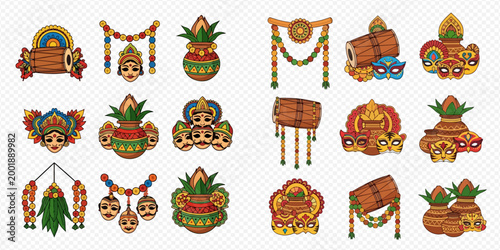 Set of Indian festival elements with traditional decorations, drums, and auspicious symbols.