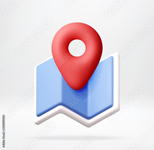 Red pin on blue paper map. 3d navigation icon for location tracking and route planning. Digital cartography concept for travel app, logistics and geolocation service visualization. Vector illustration