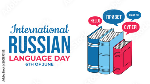 International Russian language day illustration with books and speech bubbles, education and communication concept, linguistic culture and learning theme