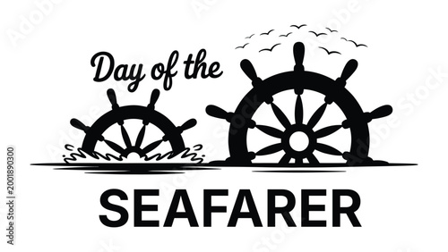 Day of the seafarer illustration with ship steering wheel and ocean waves, maritime profession awareness concept, nautical theme and sailor lifestyle