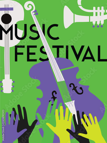 Colorful Jazz Music Festival Poster with Instruments and Hands, Abstract Concert Background