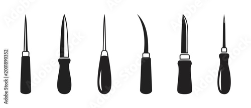 Wood carving knife set icons, craft chisel tools silhouette collection for woodworking, carpentry, leathercraft, engraving, whittling, DIY handmade hobby equipment, professional artisan blade kit desi