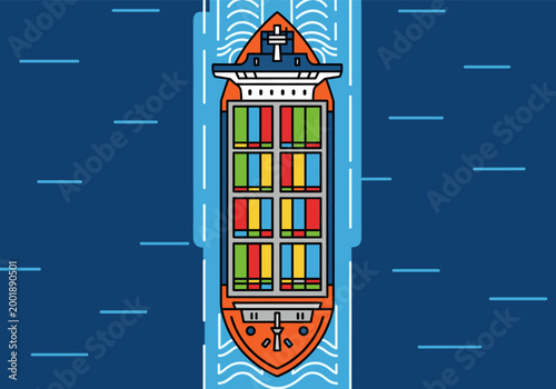 Cargo ship with colorful containers in blue ocean water