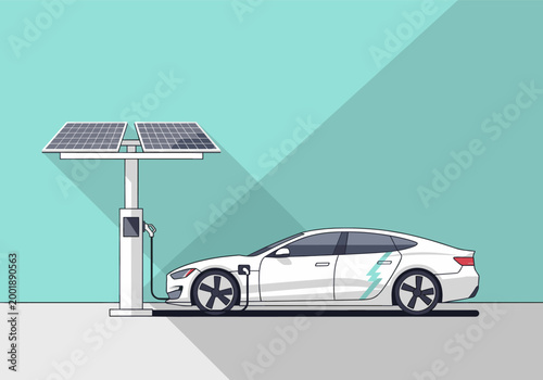 Electric car charging at solar powered station flat illustration