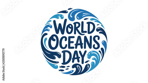 World oceans day circular typography with wave pattern illustration, marine conservation awareness concept, ocean environment sustainability and water theme