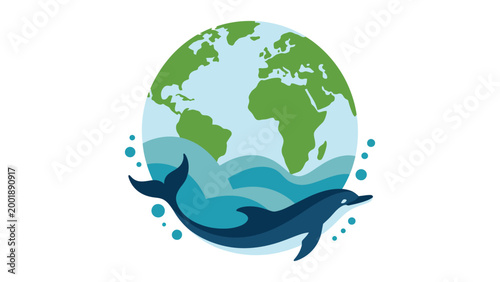 Ocean conservation illustration with whale and earth globe, marine life protection concept, global environment awareness, sustainability and wildlife theme