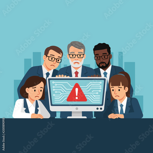 Group of concerned business people looking at computer warning