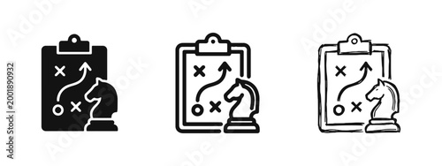 Business Strategy Clipboard and Chess Knight Icon Set in Three Styles
