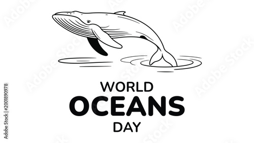 World oceans day illustration with jumping whale line art and water ripple, marine conservation awareness concept, ocean wildlife and environment theme
