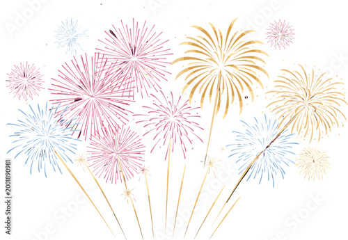 Illustration of Colorful Fireworks in Various Shapes and Sizes on a Solid White Background"