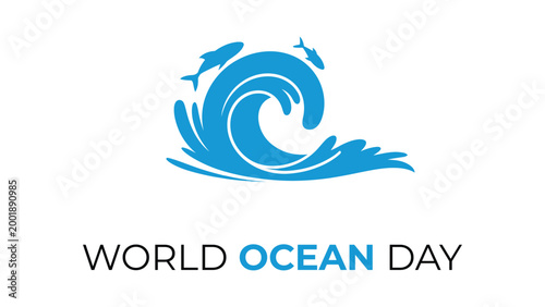 World ocean day illustration with blue wave symbol and clean typography, marine conservation awareness concept, water environment and sustainability theme