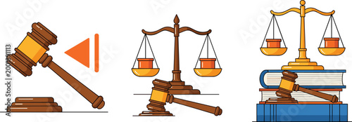 Cartoon Justice and Law Icons Set Featuring Gavel, Scales of Justice, and Legal Books for Legal, Business, and Educational Illustrations