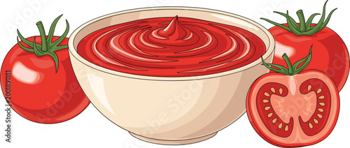 Illustration of Tomato Sauce in a Bowl with Fresh Tomatoes on a Solid White Background"