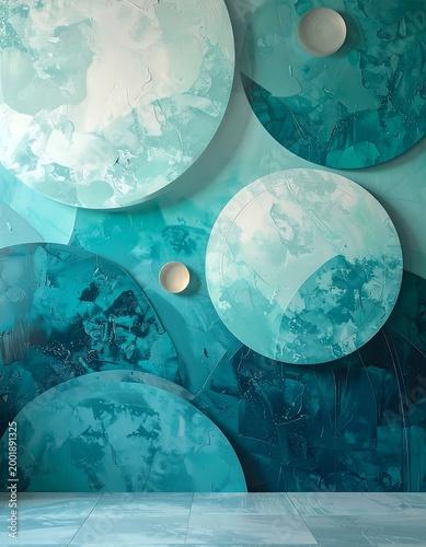 Wall with cyan and teal circular painted design and two small white plates