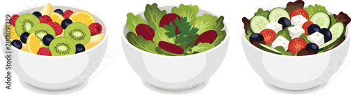 Illustration of Three Bowls with Fruit Salad, Green Salad, and Mixed Vegetable Salad on a Solid White Background"

Keywords: