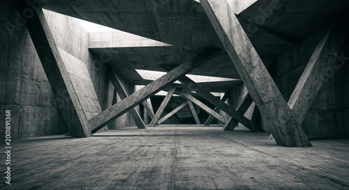 Structure features concrete beams crossing at various angles in an empty room