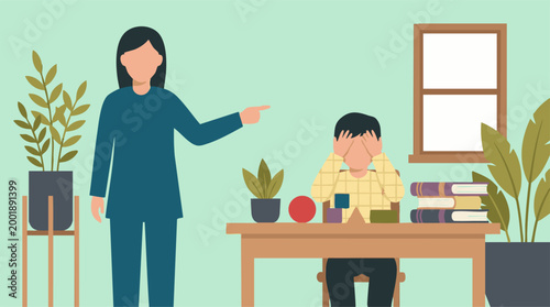 Bild auf Leinwand Woman scolding child, kid covering face feeling sad and stressed, vector art