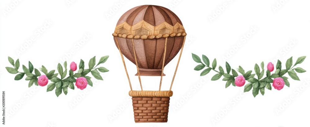 Naklejka premium Hot air balloon with floral garland in watercolor for adventure-themed designs and celebrations.