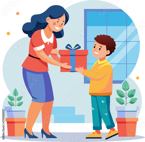 a son giving his mother wrapped gift box