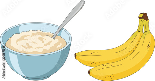 Vector illustration of a bowl of oatmeal with a spoon and fresh bananas, perfect for a healthy breakfast.