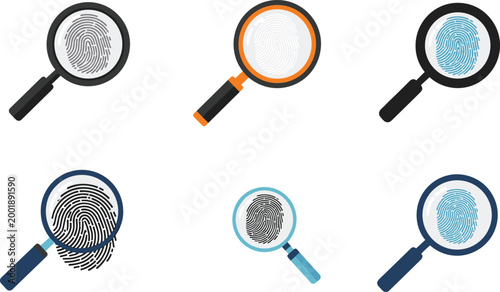Fingerprint Magnifying Glass Icons Set for Security, Investigation, and Digital Authentication Concepts, Featuring Various Fingerprint Styles and Lens Views