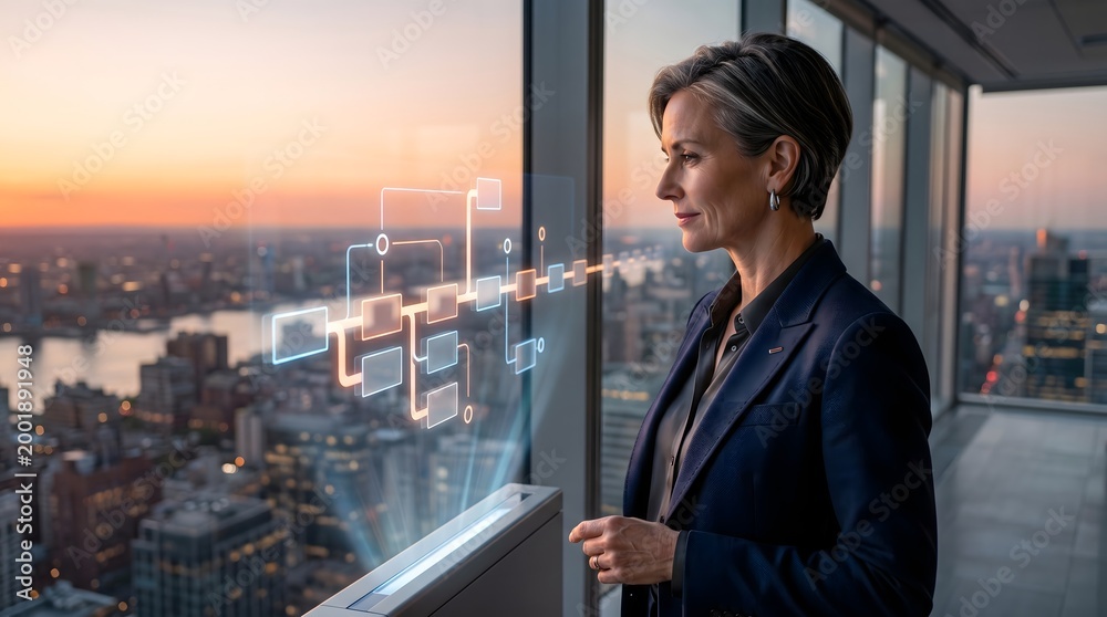 Fototapeta premium Businesswoman viewing flowchart hologram in office