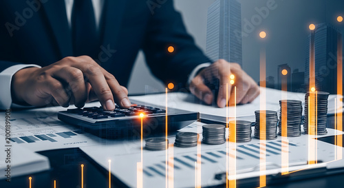 A businessman using a calculator with stacks of coins and financial charts indicating growth and investment.