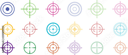 Target crosshair icon set collection group, aim reticle, scope sight, bullseye symbols in black flat and line style vector, colorful targeting UI elements for shooting, focus, accuracy design pack