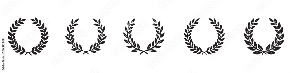Obraz premium Laurel wreath icon. Laurel wreath icon set with circle, heart and square shapes, black vector illustrations for victory, award and heraldry. Vector Illustration. EPS 10