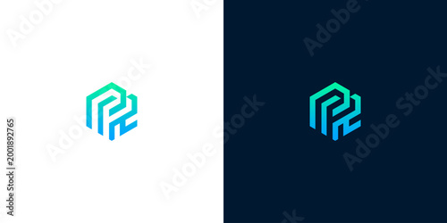 Abstract hexagonal logo design with gradient blue and green lines on white and dark backgrounds