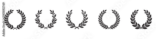 Laurel wreath icon. Laurel wreath icon set with circle, heart and square shapes, black vector illustrations for victory, award and heraldry. Vector Illustration. EPS 10