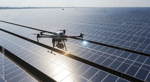 Drone inspecting vast solar panel field, symbolizing sustainable energy and technology for a greener future.
