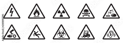 Industrial warning sign icon set. Set of Hazard Warning Signs and Industrial Safety Symbols. Vector Illustration. EPS 10