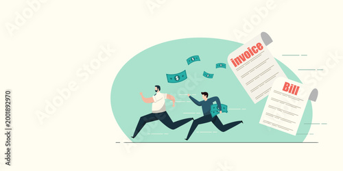 Two men in business attire running fast to escape from a giant floating invoice and bill with money flying in the air, representing debt evasion and financial stress.